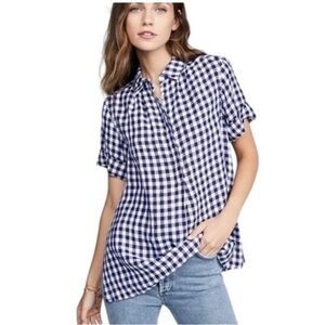 AYR The Burst Gingham Blue Blouse Top Checkered Shirt Blue White Linen Med $138